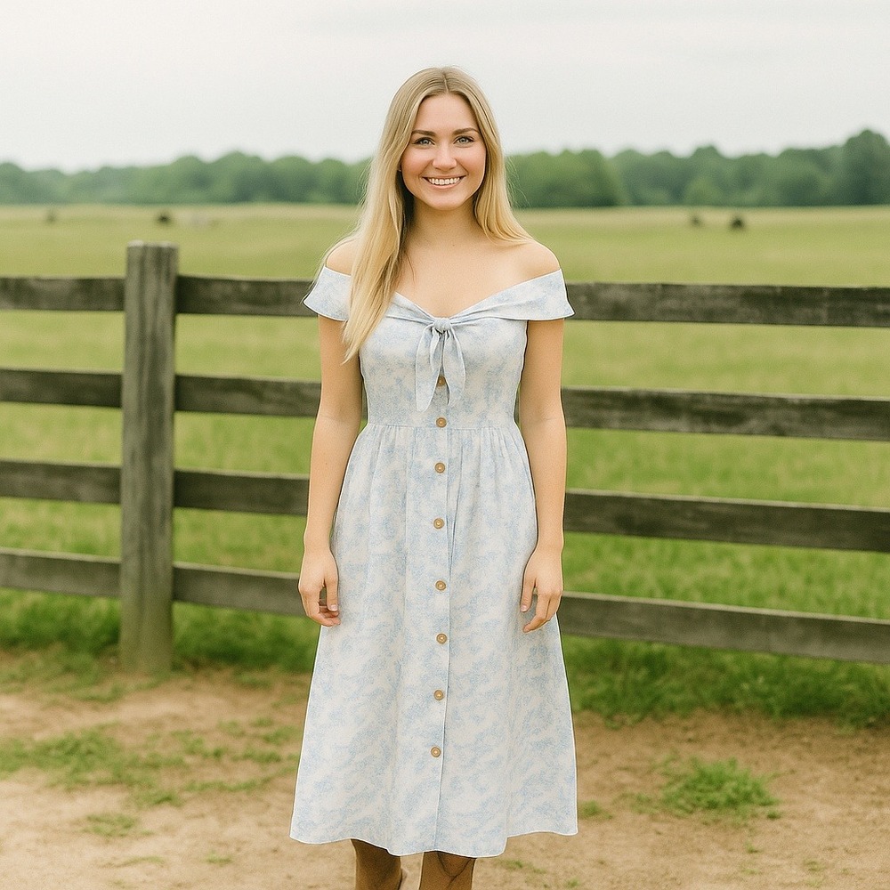 Mi Ami Floral Midi Dress Womens XS Blue‎ White Linen Off Shoulder Cottagecore
